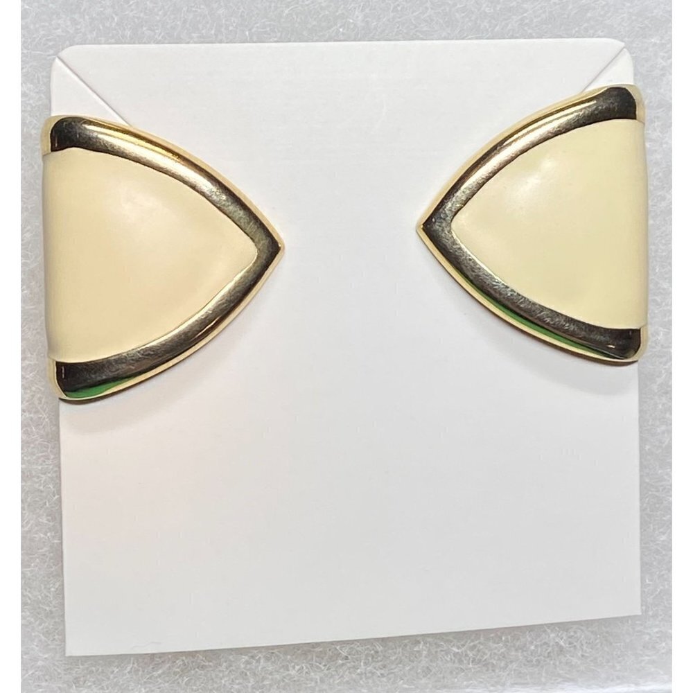 Vintage Henri Bendel Monet Gold Tone & Cream‎ Enamel Drop Hoop Earrings